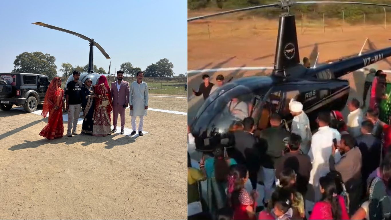 Wedding procession leaves from helicopter in Rewa