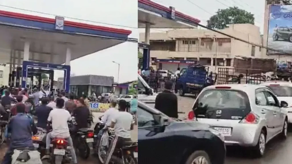 Long queues at fuel stations.