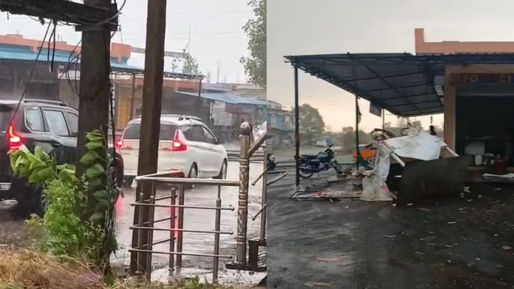 Due to heavy rain and storm in Seoni, the tin shed of a shop was blown away.