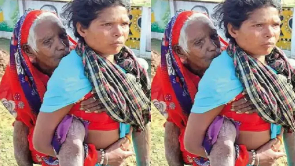 Daughter-in-law carrying her mother-in-law on her shoulder