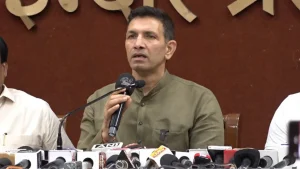 Jitu Patwari during a press conference in Indore.