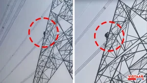High voltage drama of a minor girl climbing a high tension tower in Singrauli.