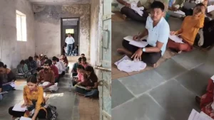 In Bhoj University of Morena, students are forced to sit on the ground and take exams.