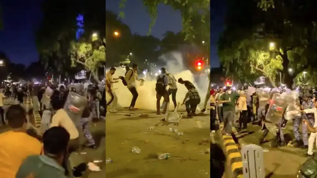 Delhi: Clash between protesters and police personnel near Jantar Mantar.