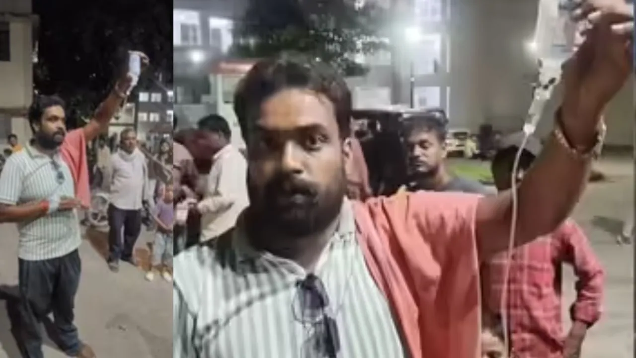 After being removed from the hospital ward in Khandwa, the young man came out with a drip.