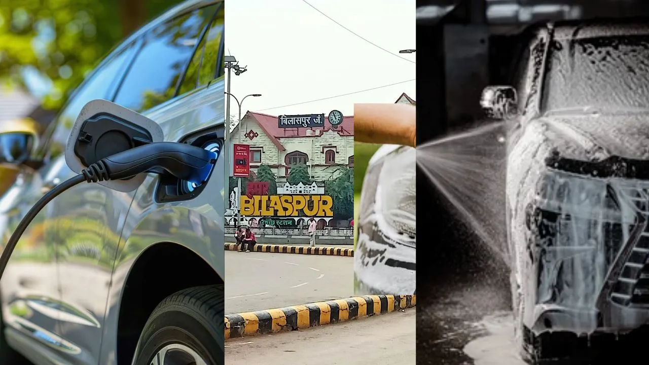Bilaspur railway station electric vehicle charging and car wash facilities in parking area