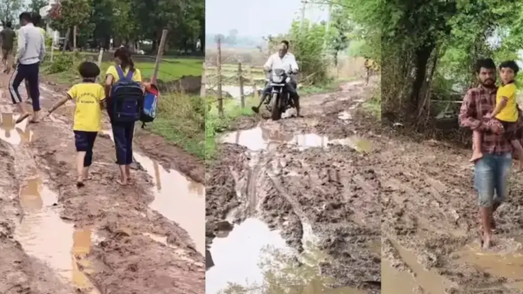 School children crossing a muddy path.