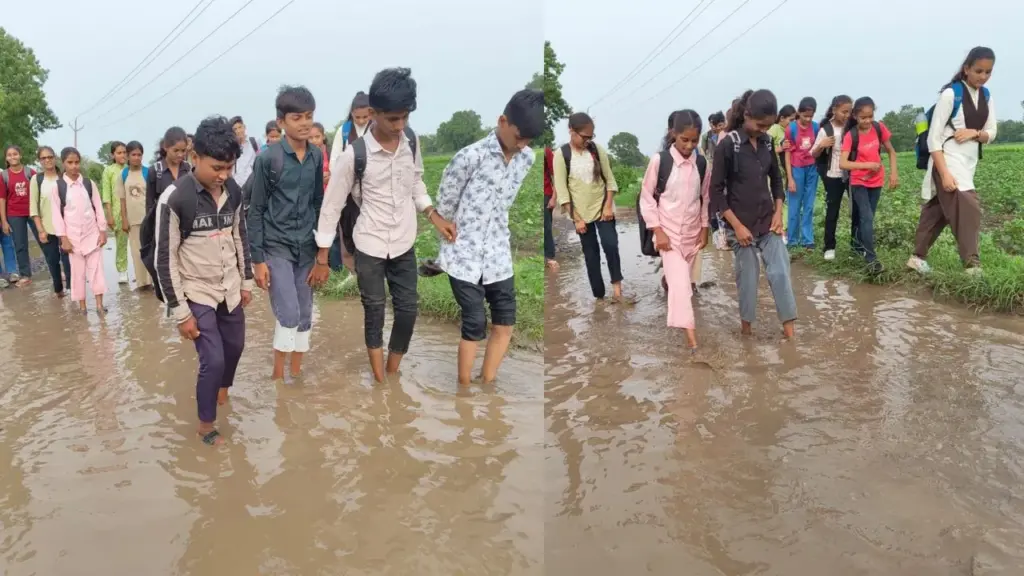 Children crossing water to go to school