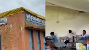 Plastic sheeting installed on the school building