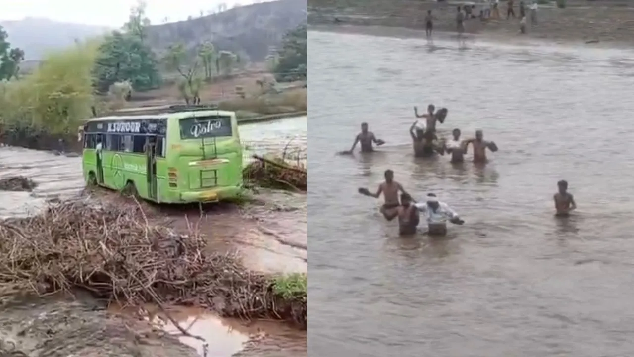 People amidst overflowing rivers and streams
