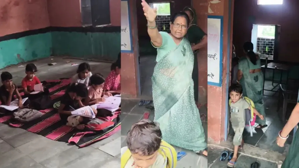 A teacher escorting children out of the classroom.