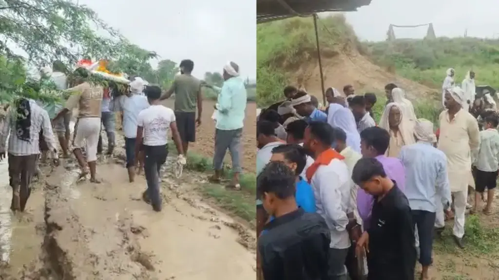 People struggling for a paved road