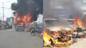 गाड़‍ियों में लगाई आग
