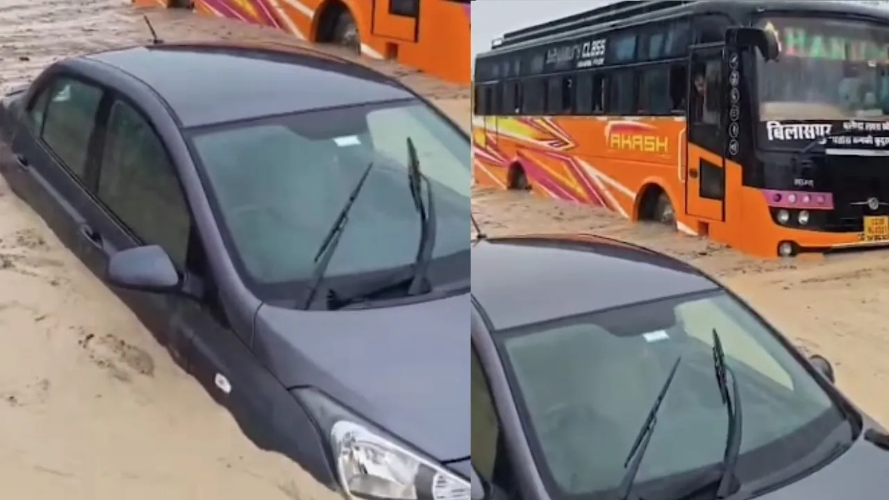 Car and bus trapped in the debris