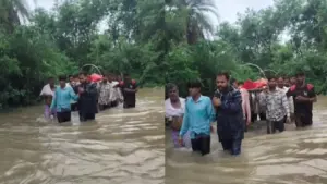Villagers crossing the bridge for the funeral procession.