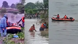 SDERF rescued four people and seven cattle stranded in Pathariya village.