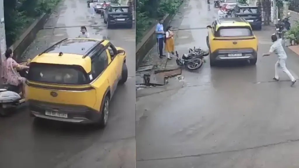 Bhopal car hits father and daughter on bike cctv footage