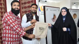 Zahra Pezeshkian and Bagh print artisans Mohammad Bilal Khatri and Mohammad Kazim Khatri