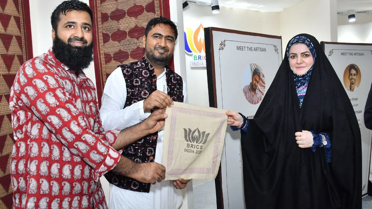 Zahra Pezeshkian and Bagh print artisans Mohammad Bilal Khatri and Mohammad Kazim Khatri