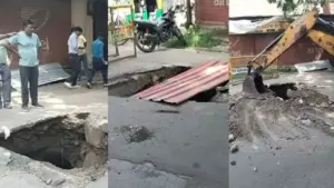indore pandhrinath road sink hole 10 feet municipal corporation team repaired