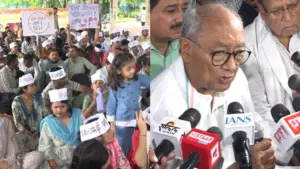 Digvijaya Singh attends teachers' protest in Bhopal.