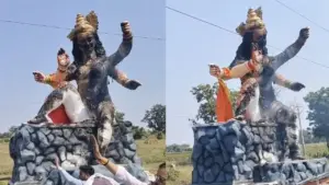 Goddess Durga idol comes into contact with high-voltage line.